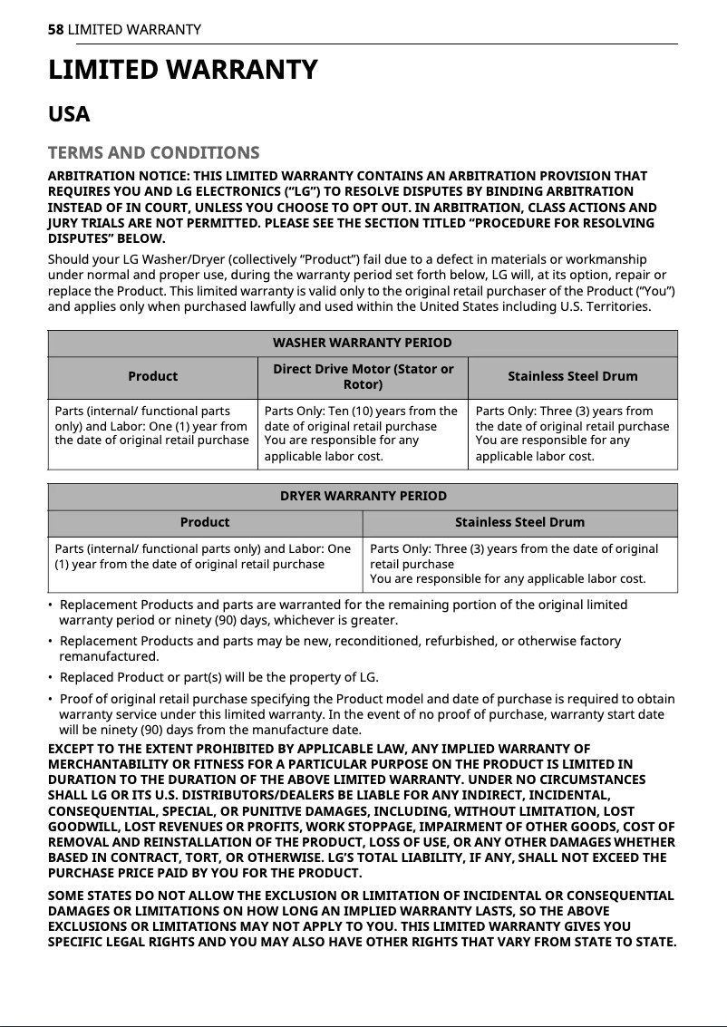 Page n°1 - Informations de garantie LG WKGX201HWA