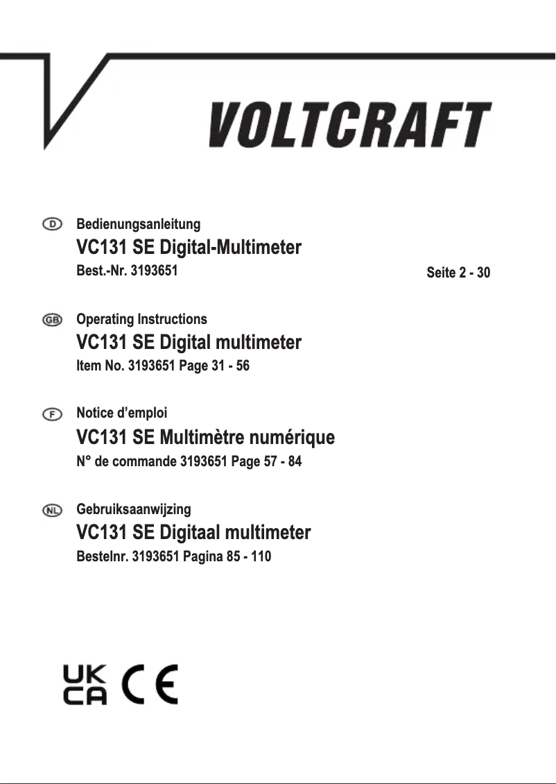 Page n°1 - Manuel utilisateur Voltcraft VC131 SE