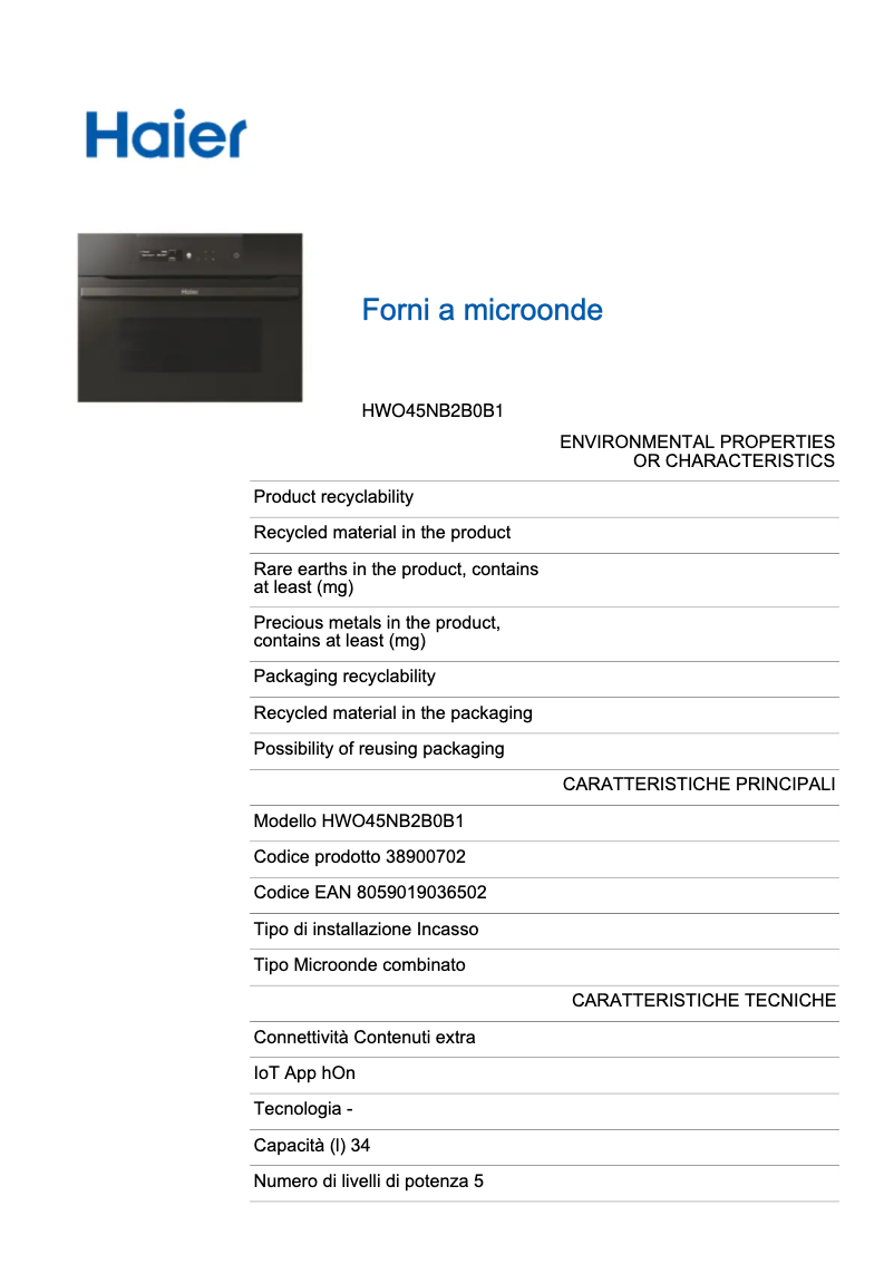 Page 1 de la notice Fiche technique Haier HWO45NB2B0B1