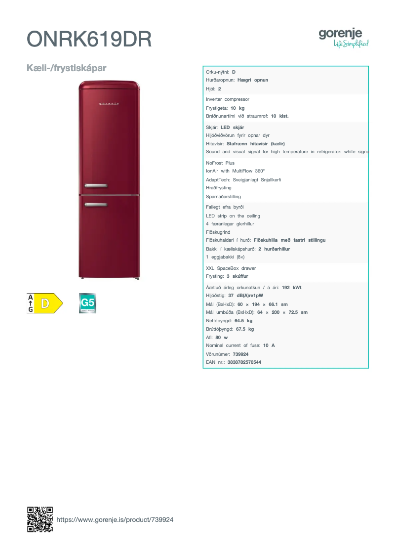 Page n°1 - Fiche technique Gorenje ONRK619DR