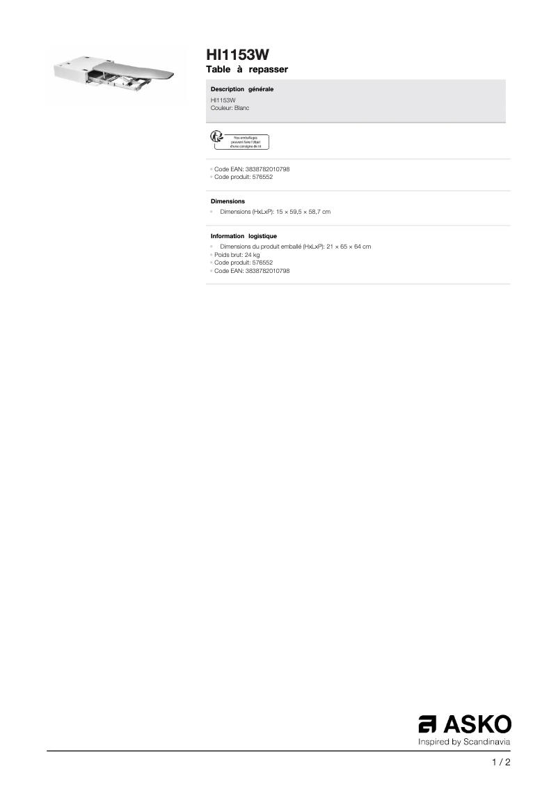 Page 1 de la notice Fiche technique Asko HI1153W