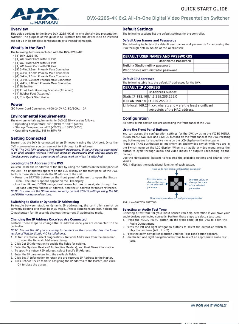 Page n°1 - Guide de démarrage rapide AMX DVX-2265-4K
