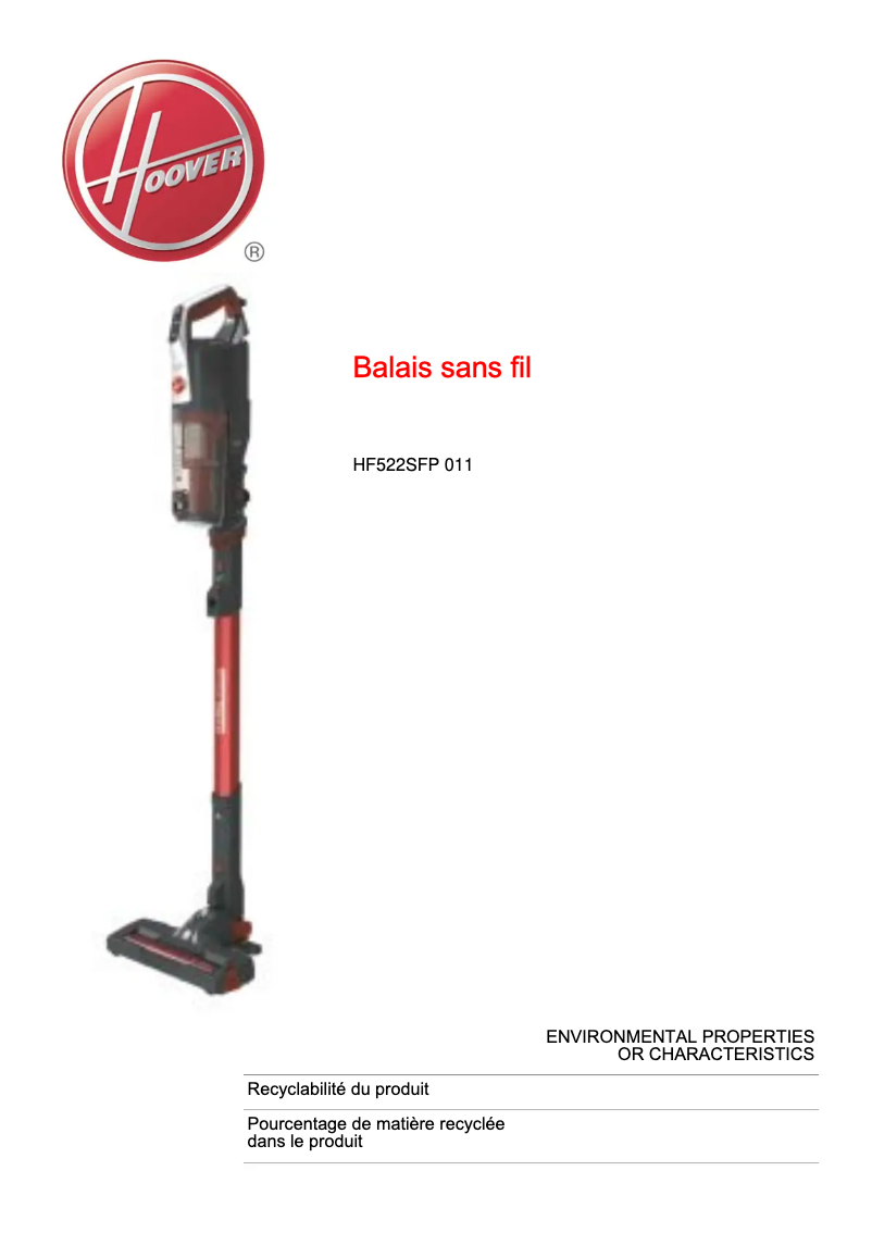 Page n°1 - Fiche technique Hoover H-FREE 500 PLUS HF522SFP 011