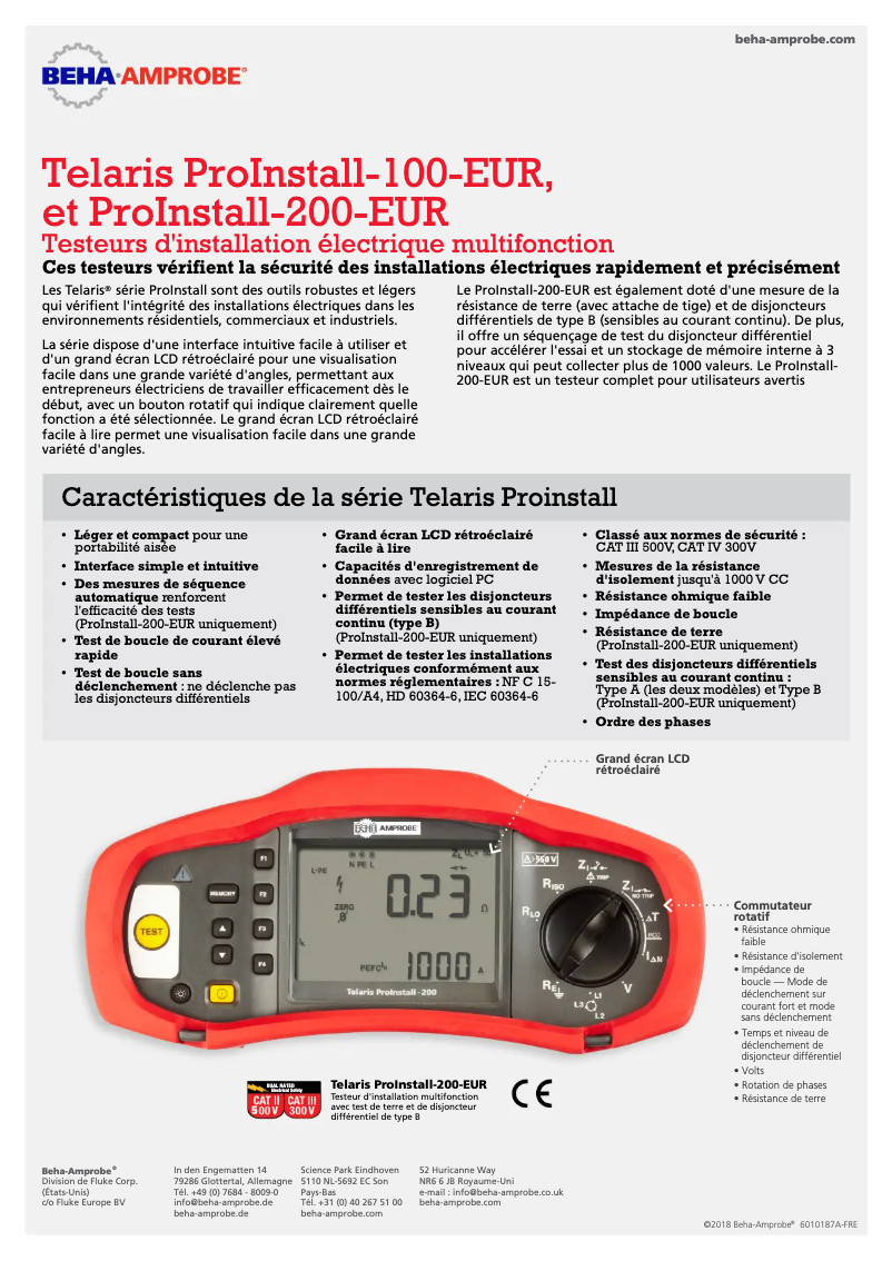 Page 1 de la notice Fiche technique Beha-Amprobe ProInstall-100-EUR