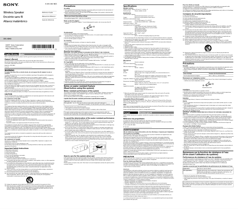 Page 1 de la notice Manuel utilisateur Sony SRS-XB40