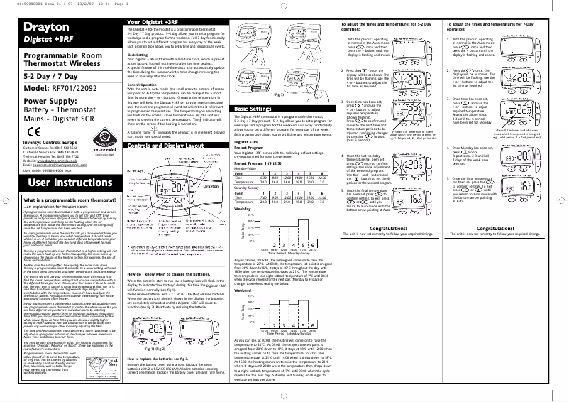 Image de la première page du manuel de l'appareil Digistat+3RF