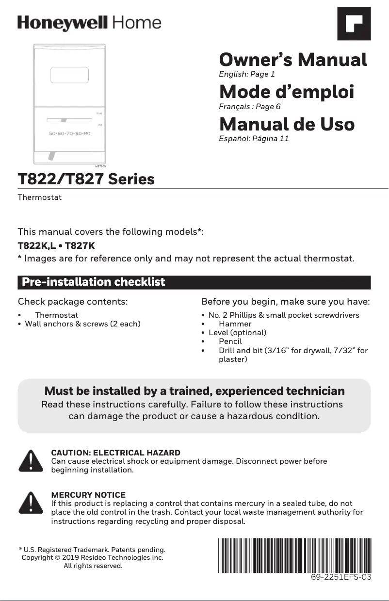 Page 1 de la notice Manuel utilisateur Honeywell T822K1034/U