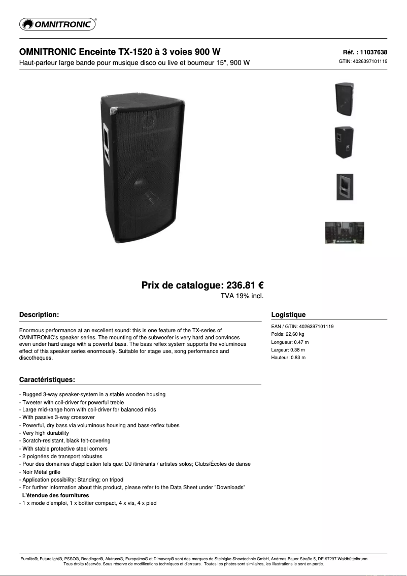 Page n°1 - Fiche technique Omnitronic TX-1520