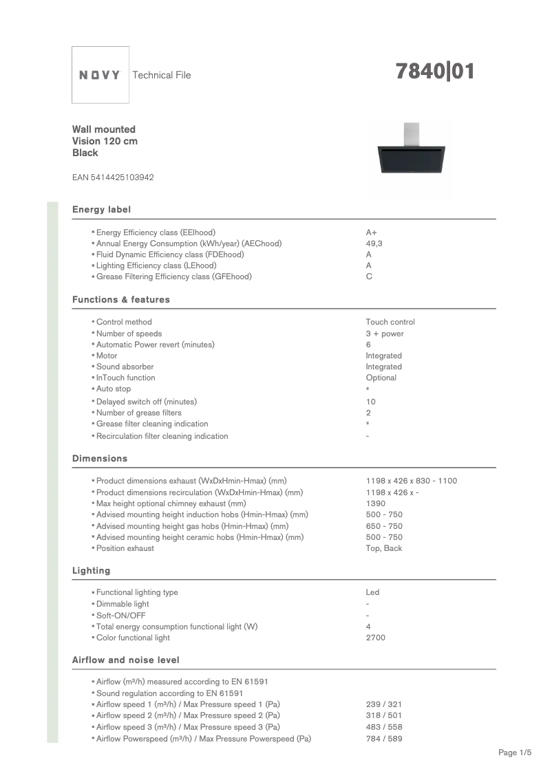 Page 1 de la notice Fiche technique Novy Vision 7840