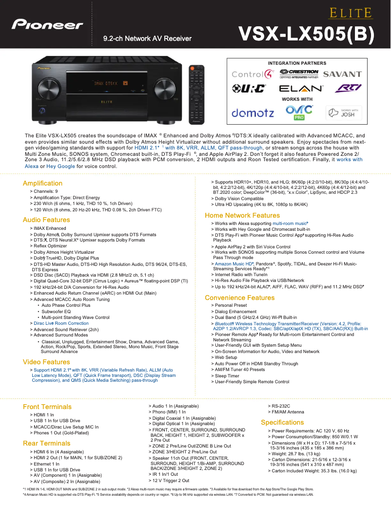 Page n°1 - Fiche technique Pioneer Elite VSX-LX505