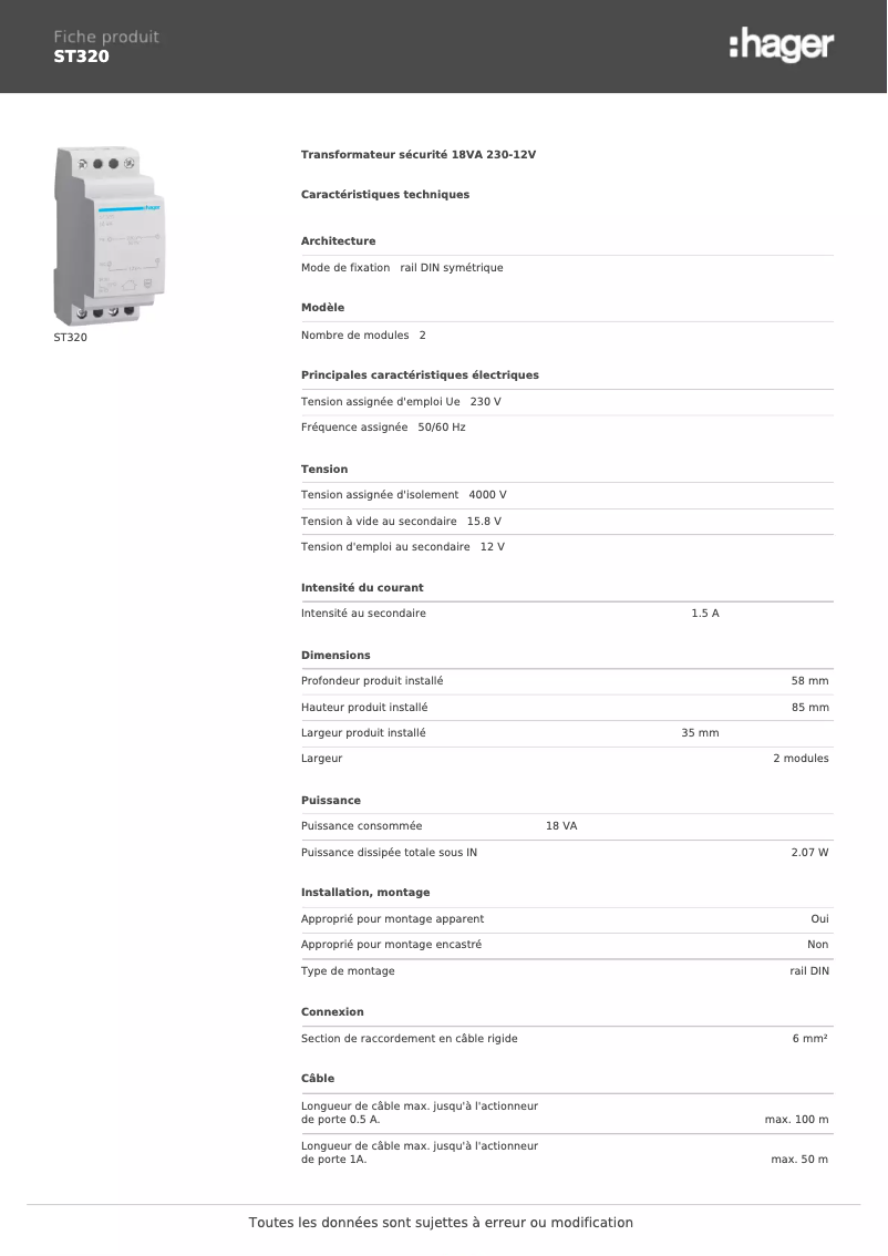 Page 1 de la notice Fiche technique Hager ST320