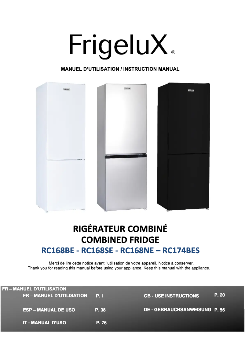 Page 1 de la notice Manuel utilisateur FrigeluX RC168NE