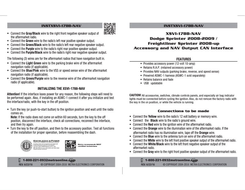 Page n°1 - Manuel utilisateur Metra XSVI-1788-NAV