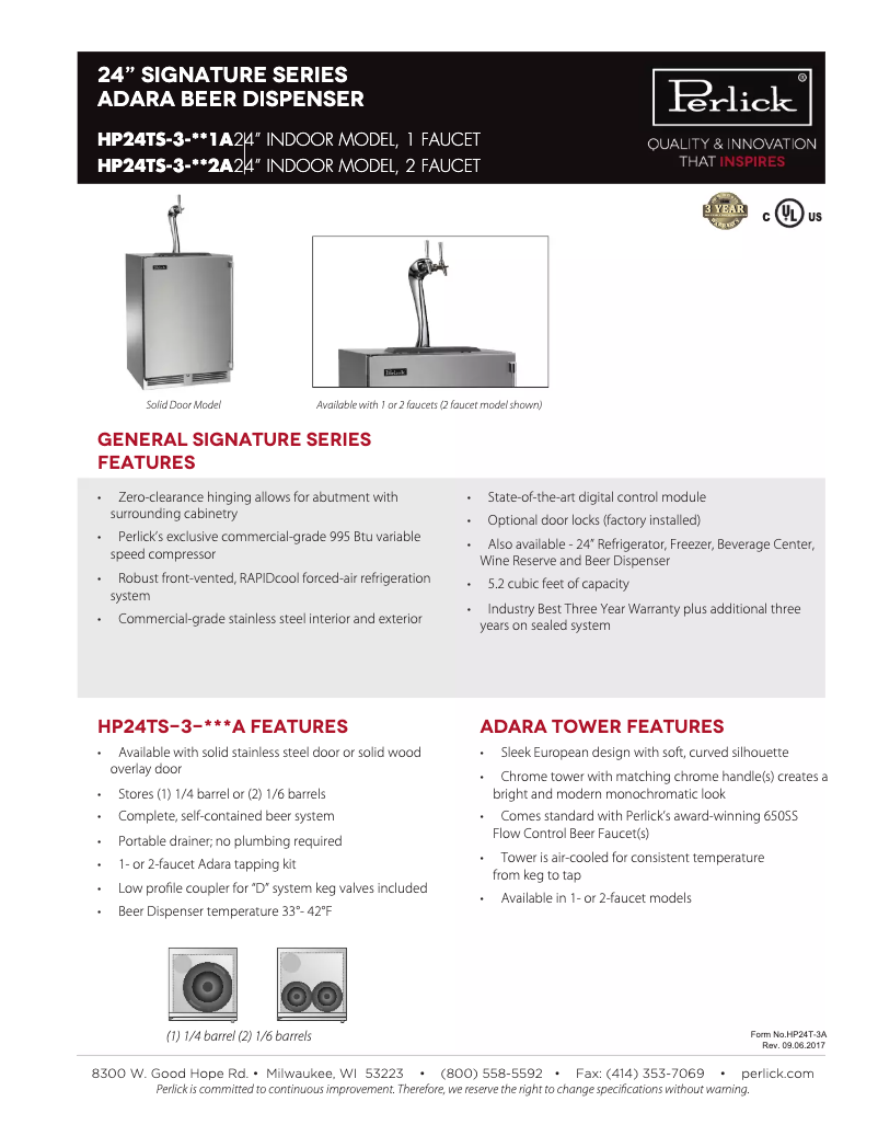 Page 1 de la notice Fiche technique Perlick HP24TS-3-1L-2A