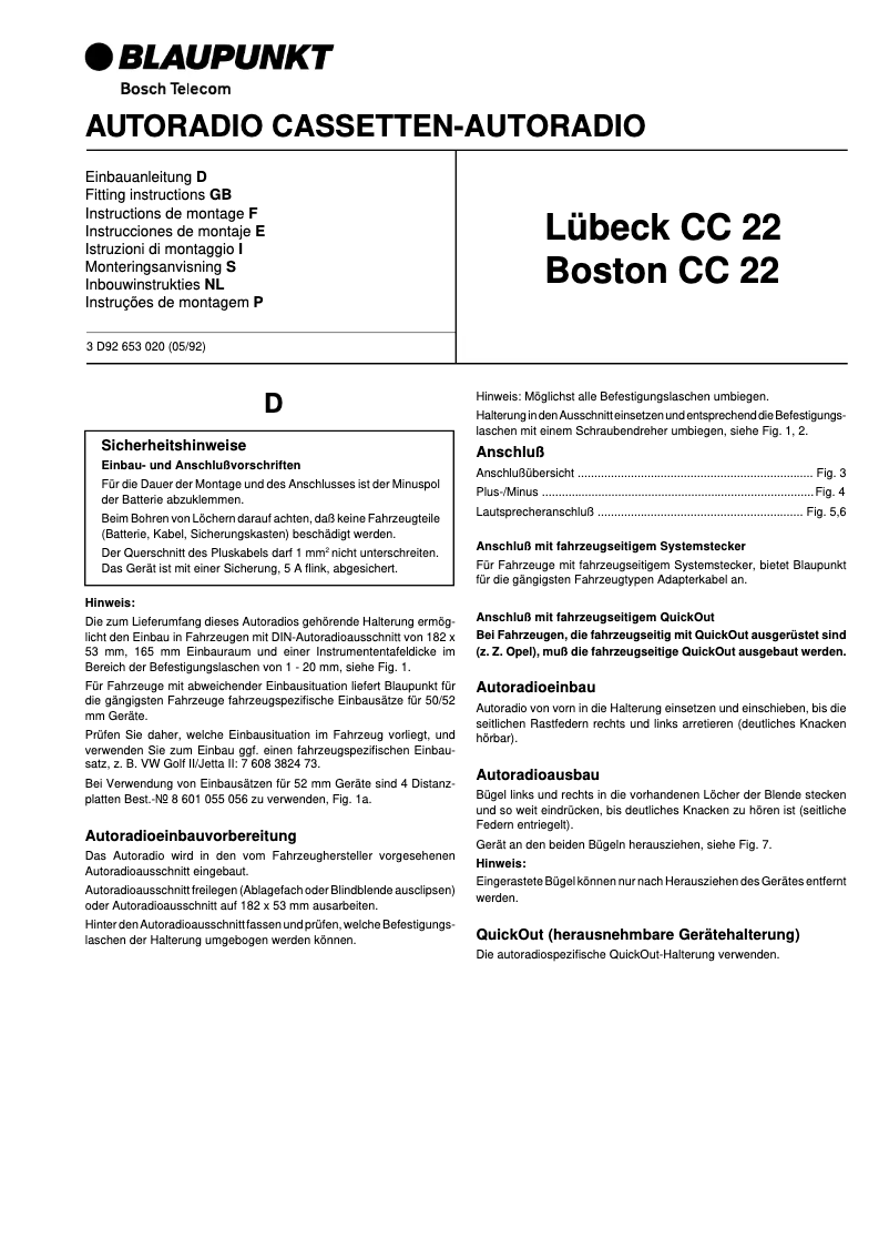 Page 1 de la notice Manuel utilisateur Blaupunkt Boston CC22