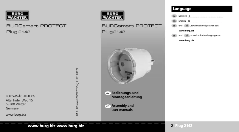 Imagen de la primera página del manual del dispositivo BURGsmart PROTECT Plug 2142