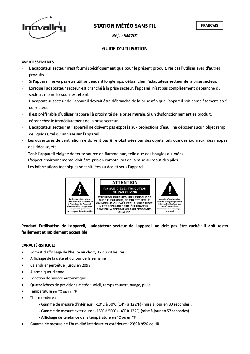 Page n°1 - Manuel utilisateur Inovalley SM201