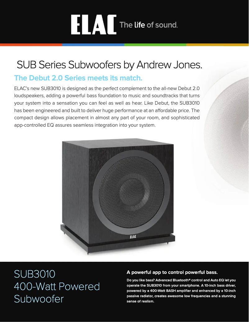 Page 1 de la notice Fiche technique ELAC Debut 2.0 SUB3010