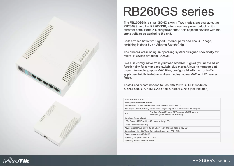 Page 1 de la notice Brochure Mikrotik RB260GS