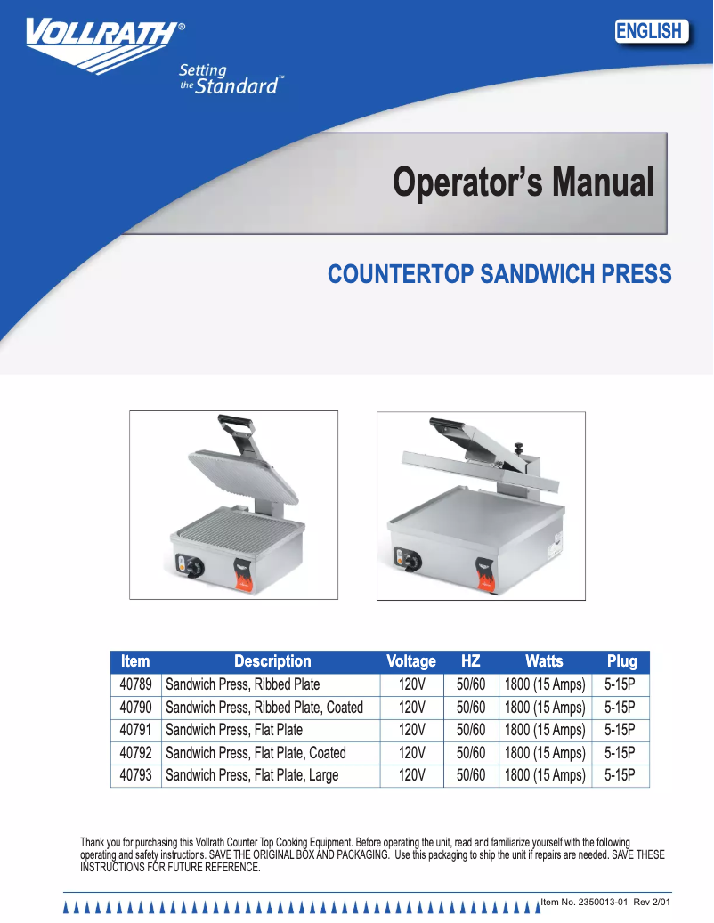 Page 1 de la notice Manuel utilisateur Vollrath 40790