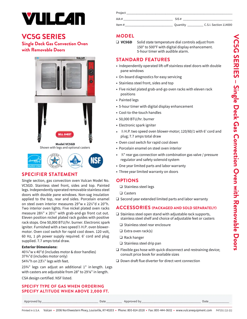 Page 1 de la notice Fiche technique Vulcan VC5GD