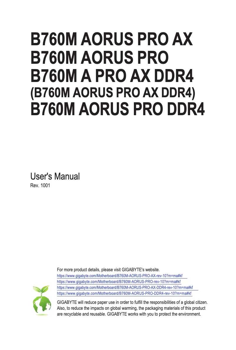 Page 1 de la notice Manuel utilisateur Gigabyte B760M Aorus Pro AX DDR4