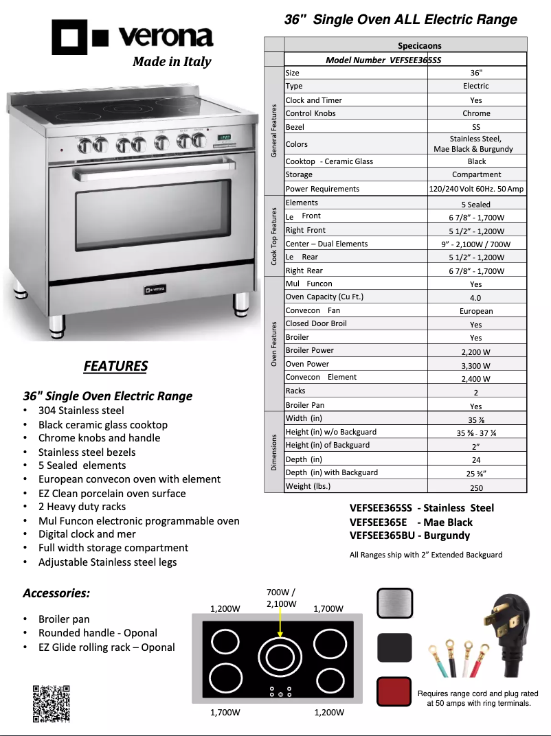 Page 1 de la notice Fiche technique Verona VEFSEE365E