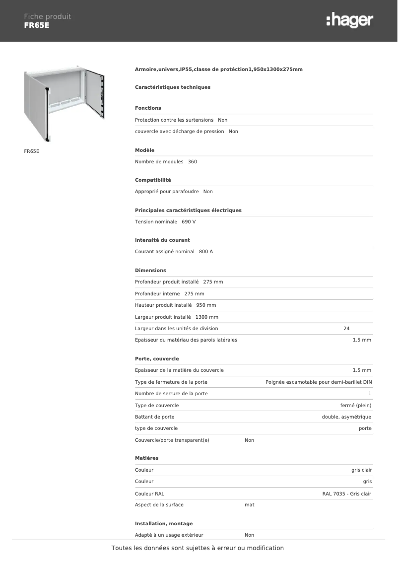 Page n°1 - Fiche technique Hager FR65E