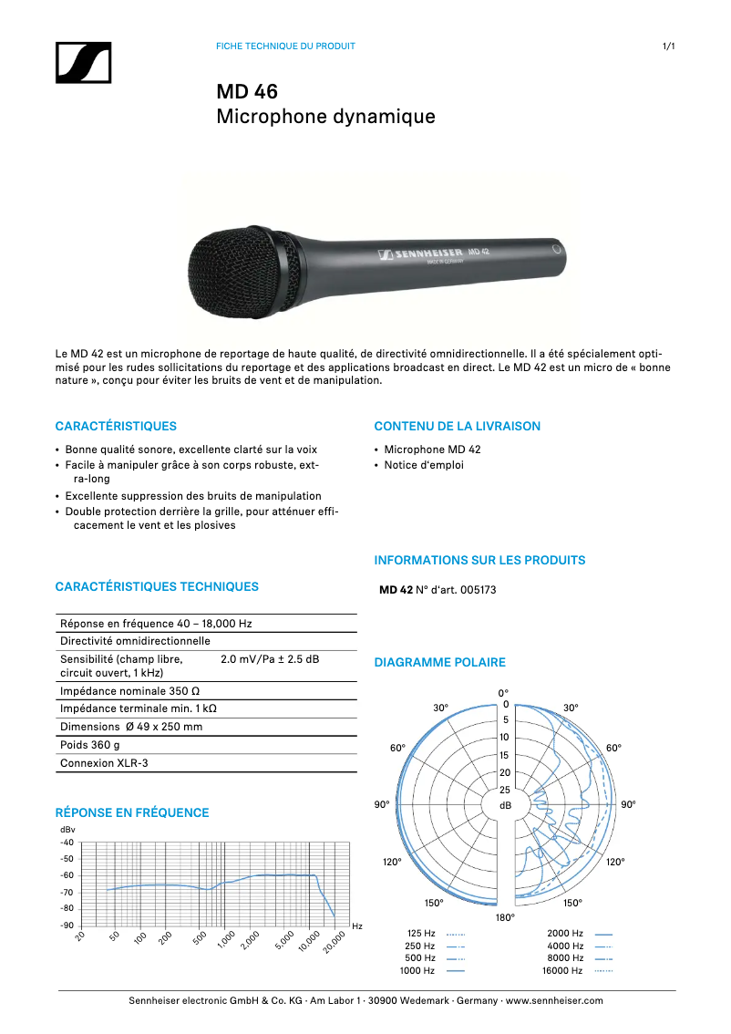 Page n°1 - Fiche technique Sennheiser MD 42