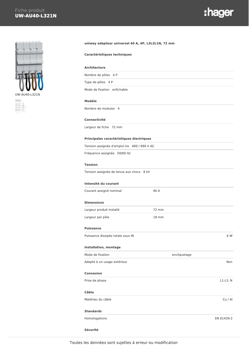 Page 1 de la notice Manuel utilisateur Hager UW-AU40-L321N