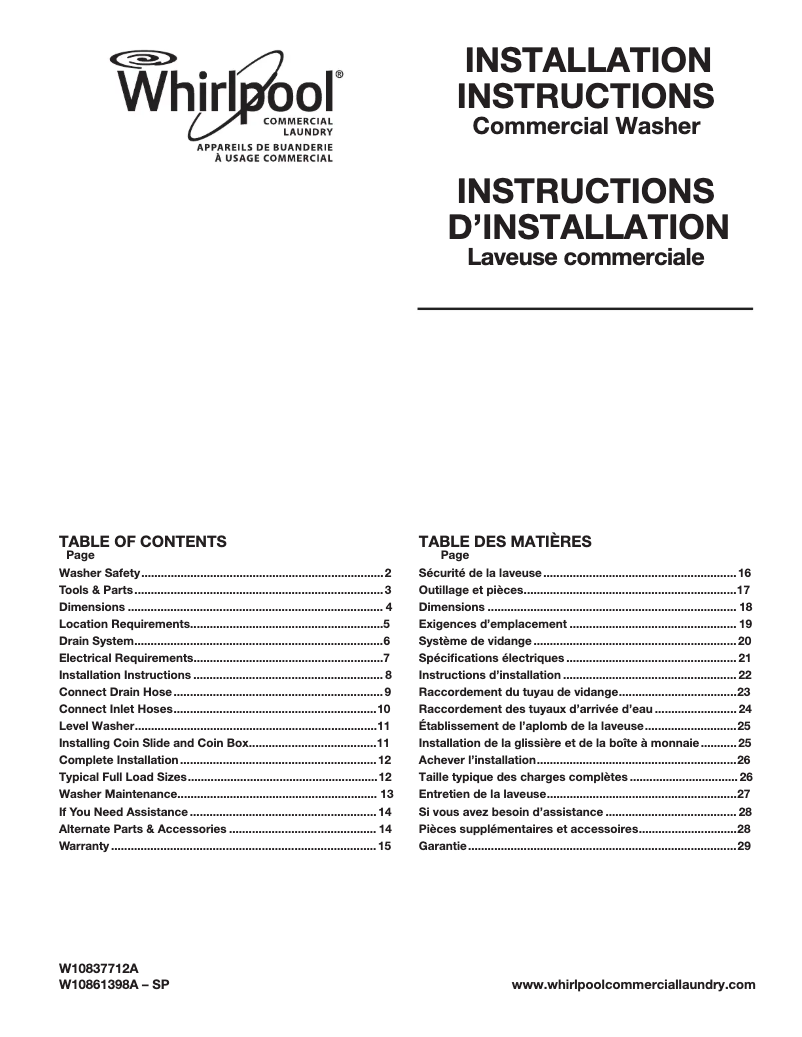 Page 1 de la notice Guide d'installation Whirlpool CAE2795FQ