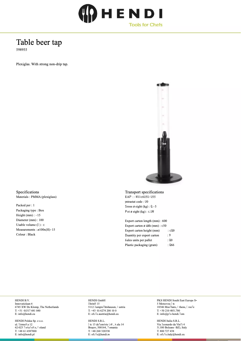 Page 1 de la notice Fiche technique Hendi 598962