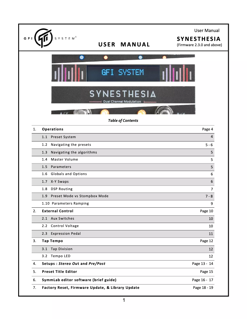 Page 1 de la notice Manuel utilisateur GFI System Synesthesia