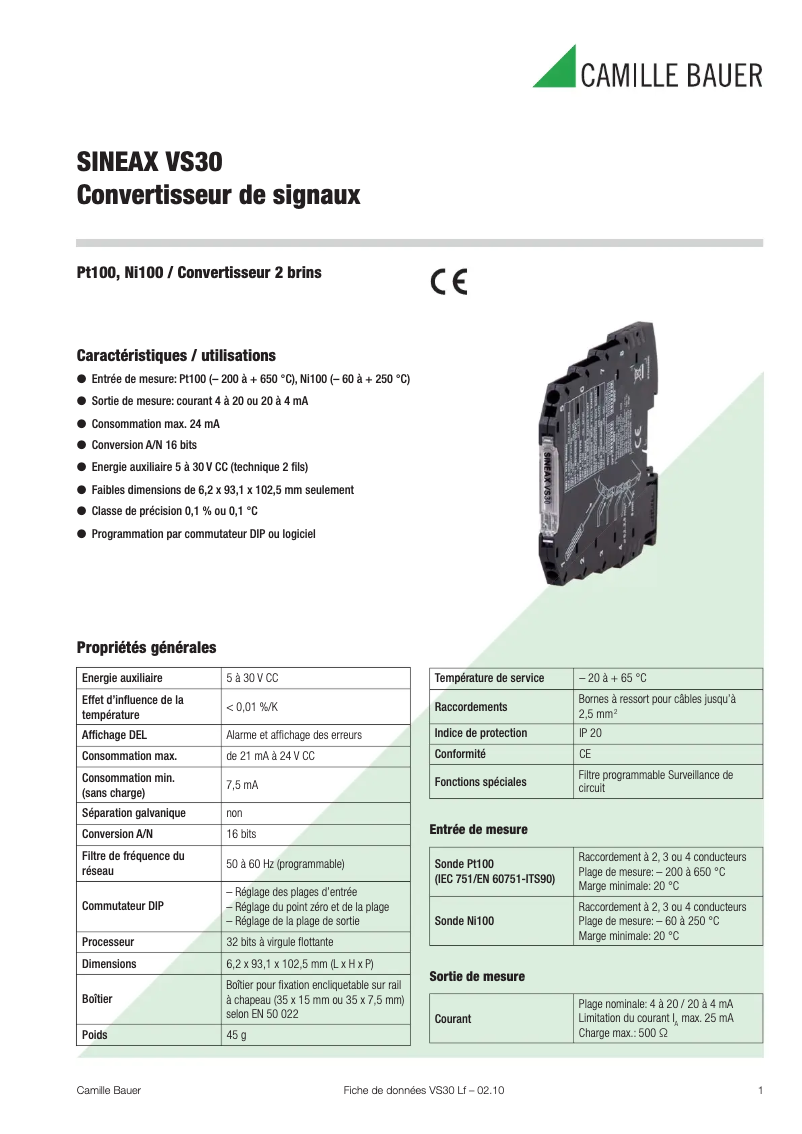 Page 1 de la notice Fiche technique Camille Bauer Sineax VS30