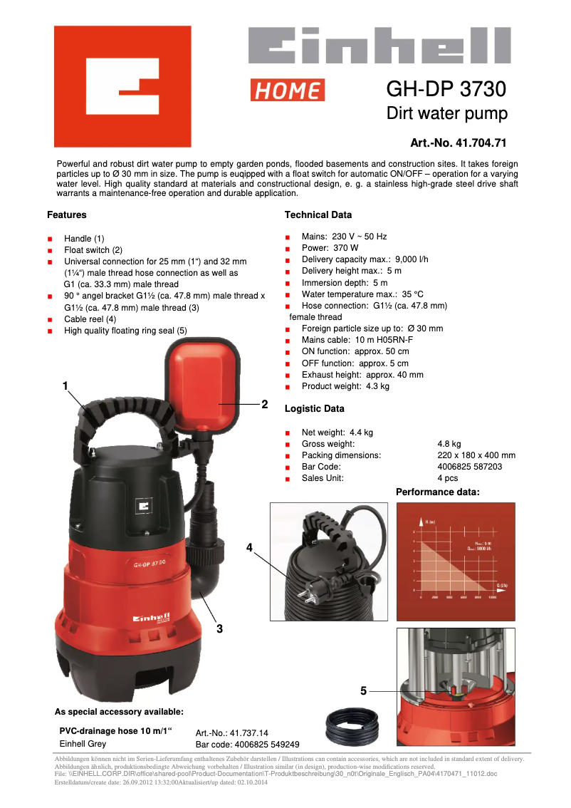 Page 1 de la notice Fiche technique Einhell GH-DP 3730