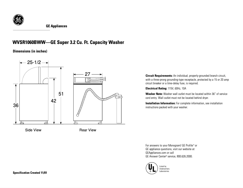Page 1 of the manual Technical Sheet GE WVSR1060BWW