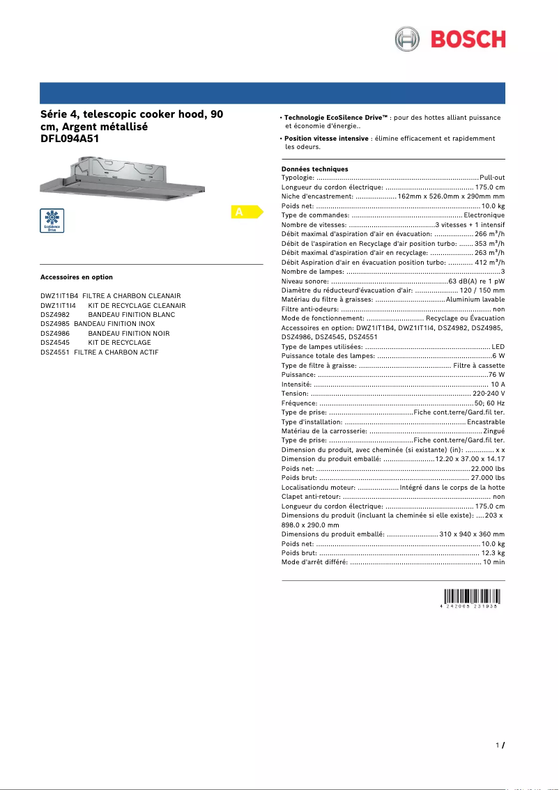 Page 1 de la notice Fiche technique Bosch DFL094A51