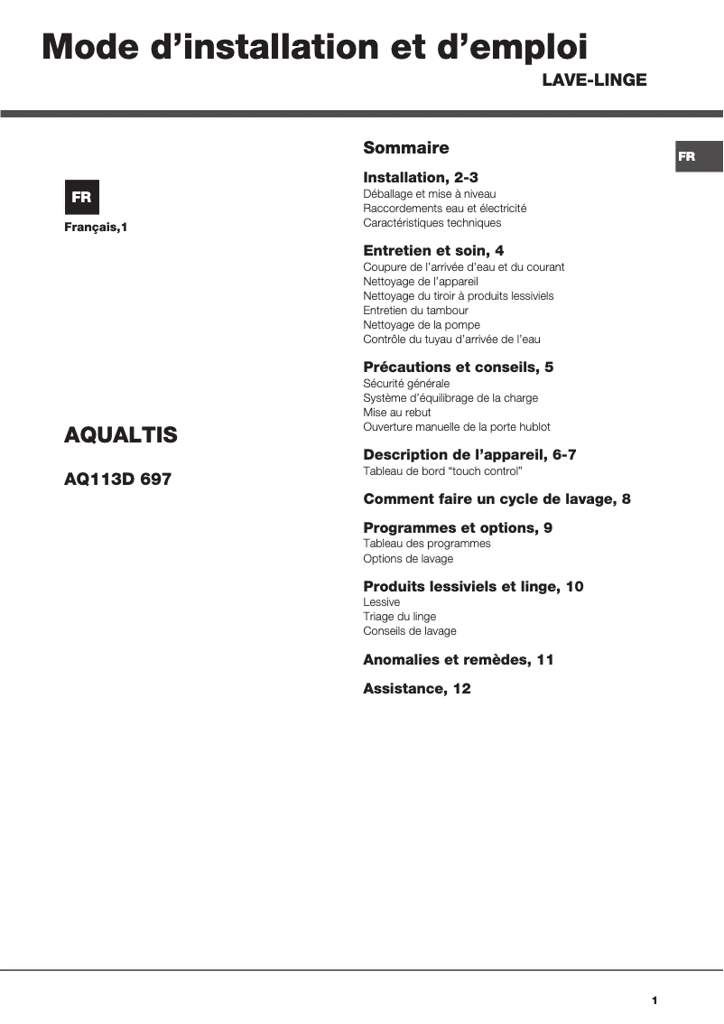 Image de la première page du manuel de l'appareil Aqualtis AQ113D 697 FR