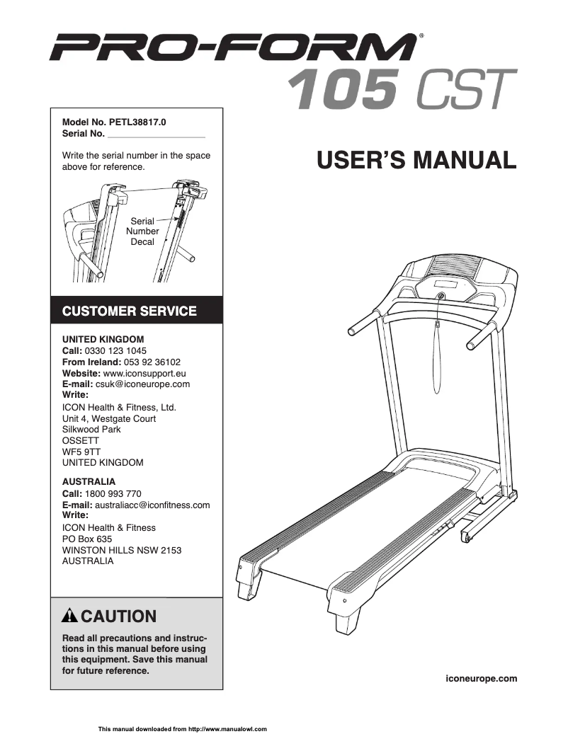 Page n°1 - Manuel utilisateur ProForm 105 CST