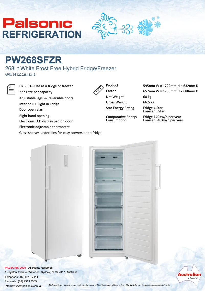 Page 1 de la notice Fiche technique Palsonic PW268SFZR