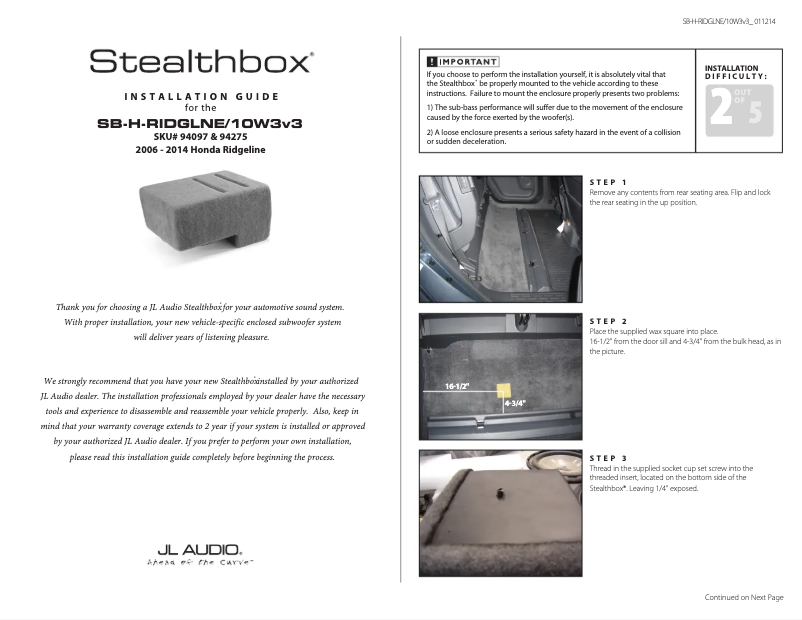 Page 1 de la notice Manuel utilisateur JL Audio Stealthbox SB-H-RIDGLNE/10W3v3/GA