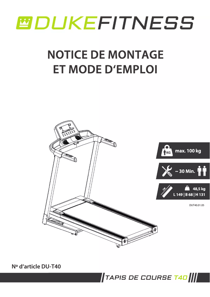 Page 1 de la notice Manuel utilisateur Duke Fitness T40