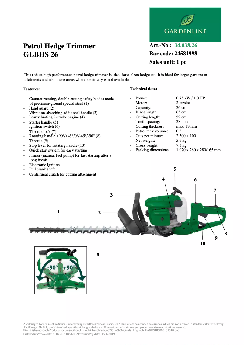 Page 1 de la notice Manuel utilisateur Gardenline GLBHS 26