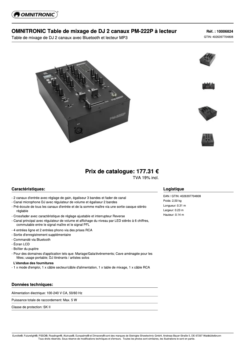 Page 1 of the manual Technical Sheet Omnitronic PM-222P