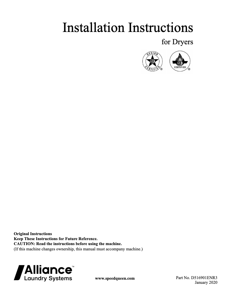 Page 1 de la notice Guide d'installation Speed Queen ADE3SRGS177TW01