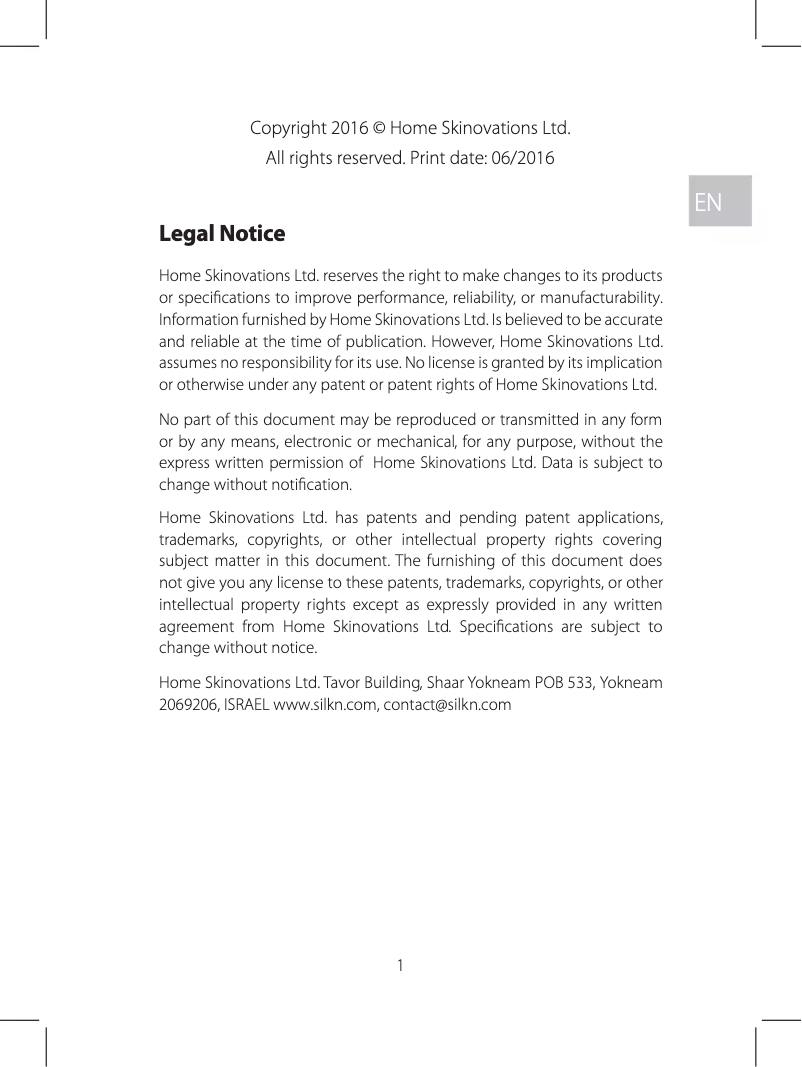 Page 1 de la notice Manuel utilisateur Silk'n Jewel XL 150.000