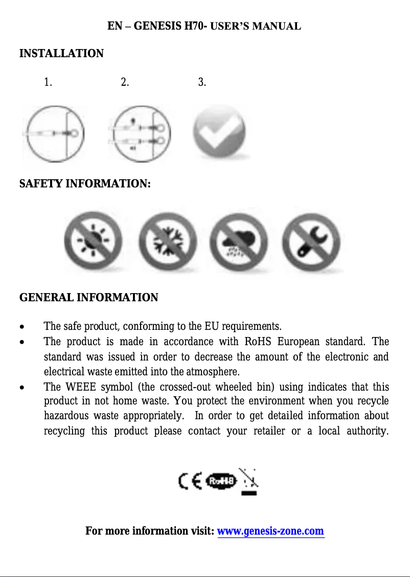 Image de la première page du manuel de l'appareil H70