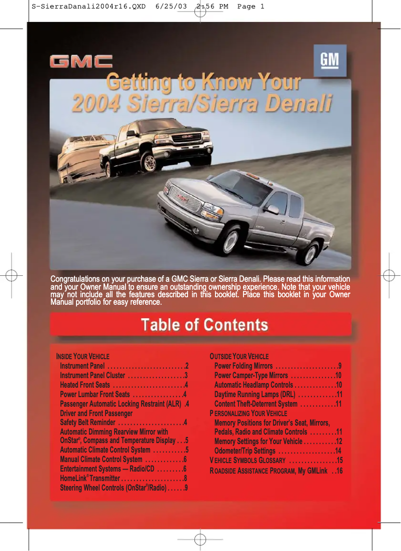 Page 1 de la notice Guide de démarrage rapide GMC Sierra (2004)
