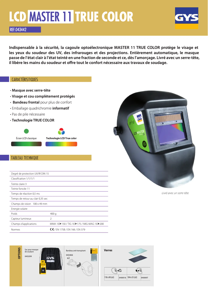 Page 1 de la notice Fiche technique GYS LCD Master 11