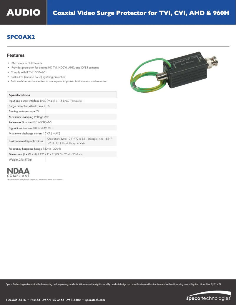 Página 1 del manual Ficha técnica Speco Technologies SPCOAX2